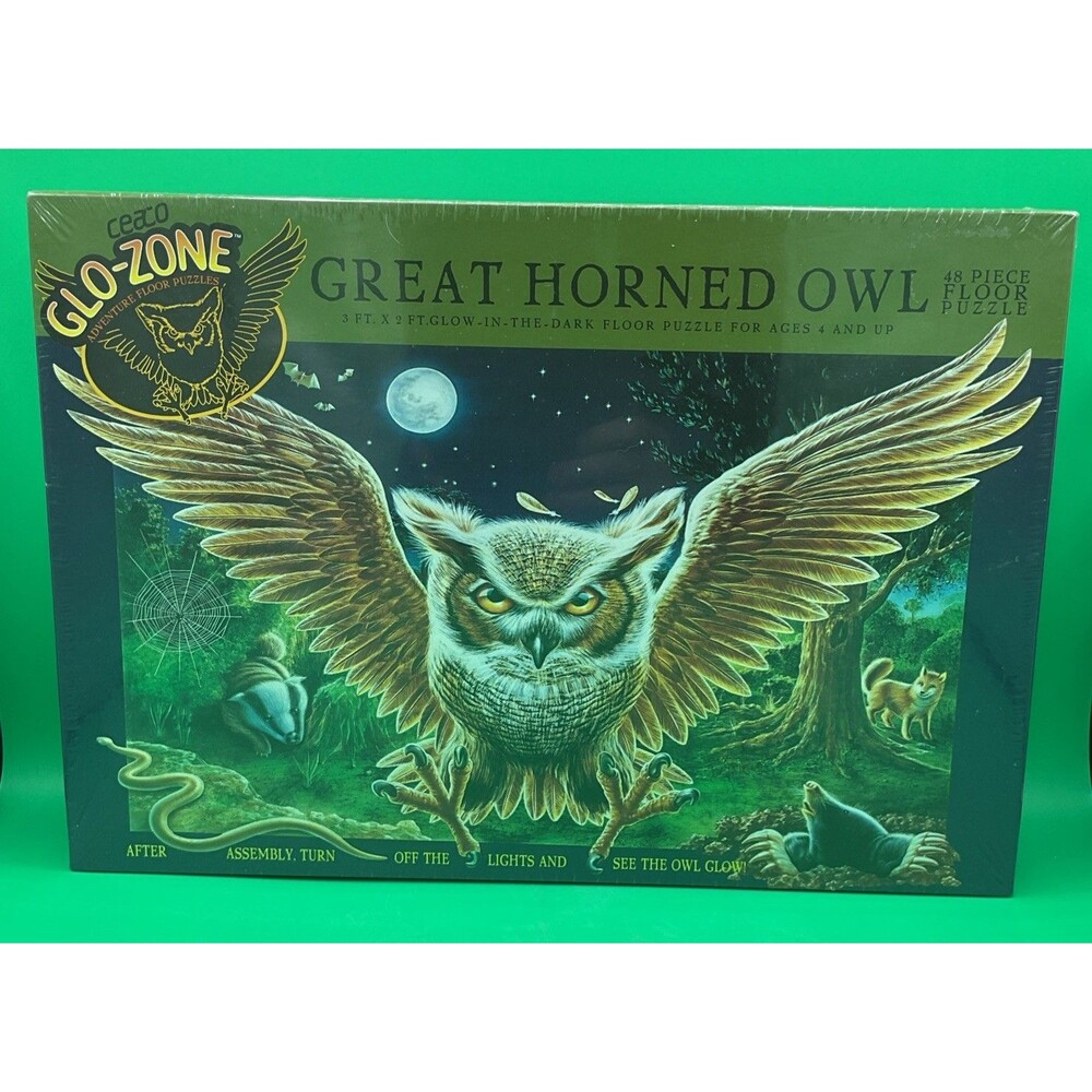 Great Horned Owl Jigsaw Puzzle 48 Piece Glow in the Dark Zone Ceaco 2001 Sealed.